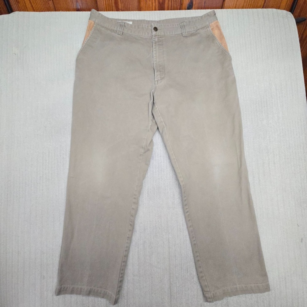 Vintage Orvis Chino Pants Men 40x32 Beige Safari Hunting Hiking Leather Trim